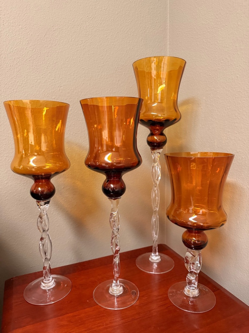 Amber Glass Hurricane Candle Holders - Set of 4